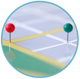 A red and a green pin on a map